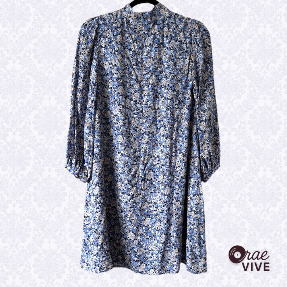 Ann Taylor Blue Floral Mock Neck Shift Dress 3/4 Sleeve Petite 2